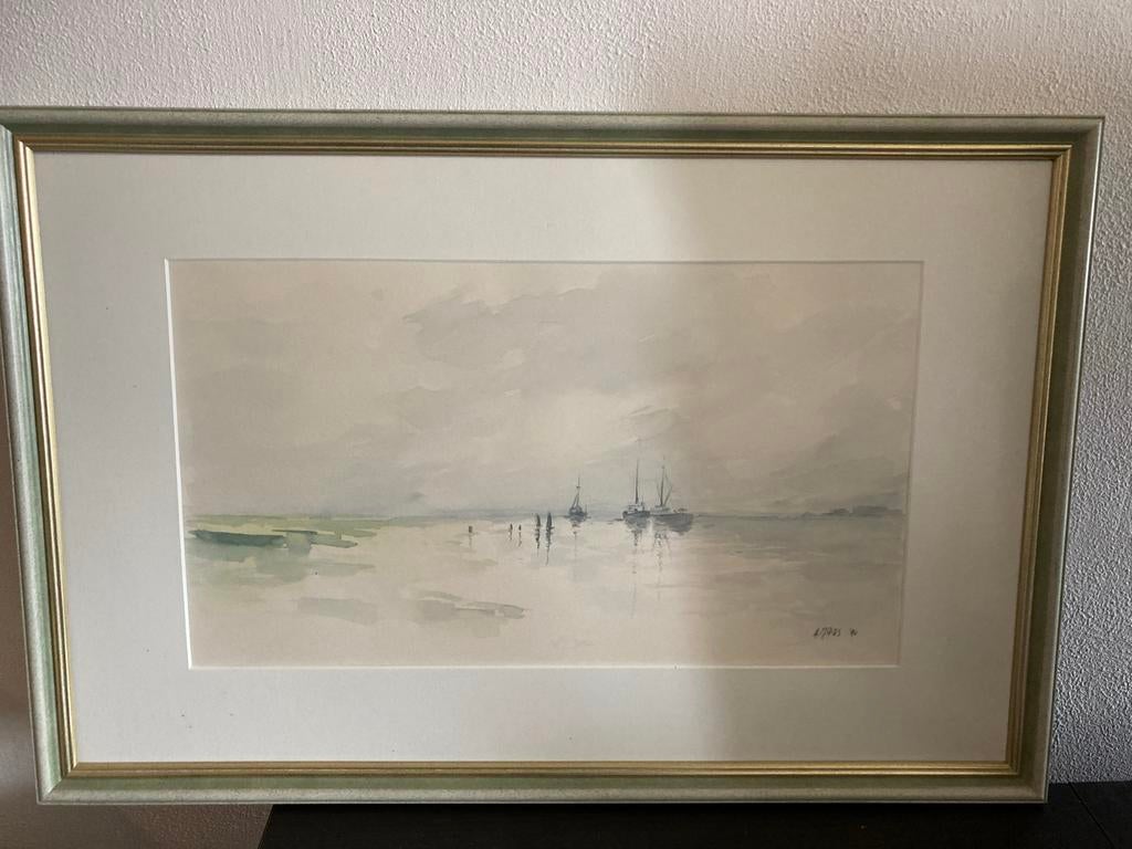 Aquarel Vissers in de Mist, A. Maas 1990, Antiek en Kunst, Kunst | Schilderijen | Klassiek, Ophalen of Verzenden