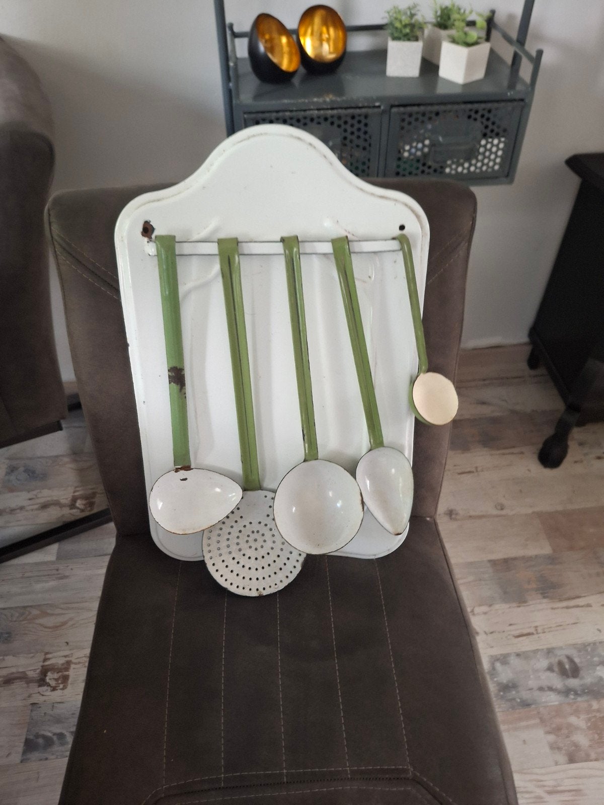Vintage geëmailleerde keukengerei set met rek, Antiek en Kunst, Ophalen of Verzenden
