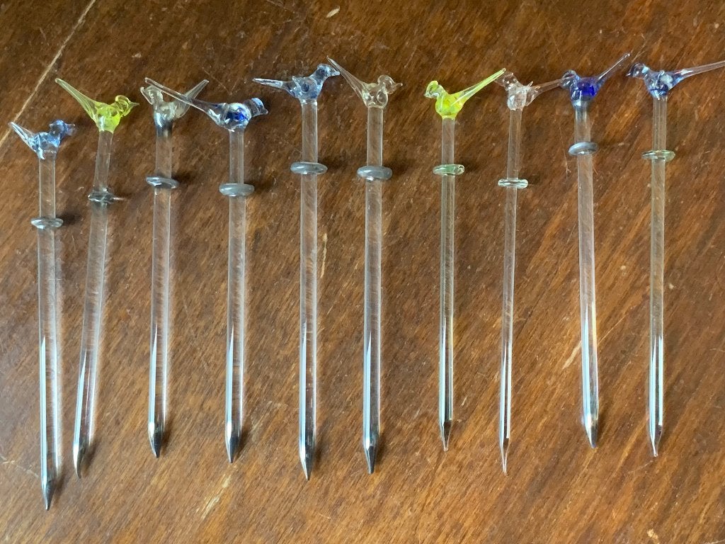 Murano vintage 10 cocktail prikkers met vogeltjes inc houder, Ophalen of Verzenden