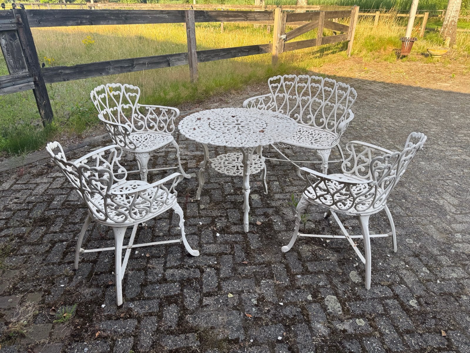 Antieke Franse gietijzeren tuinset - 3 stoelen bank en tafel, Ophalen, Gebruikt, Stoel, Tuinset