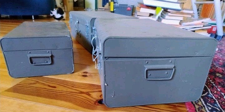 Set van 3 vintage metalen kisten - Groot en Klein, Gebruikt, 50 tot 100 cm, Ophalen of Verzenden, Metaal