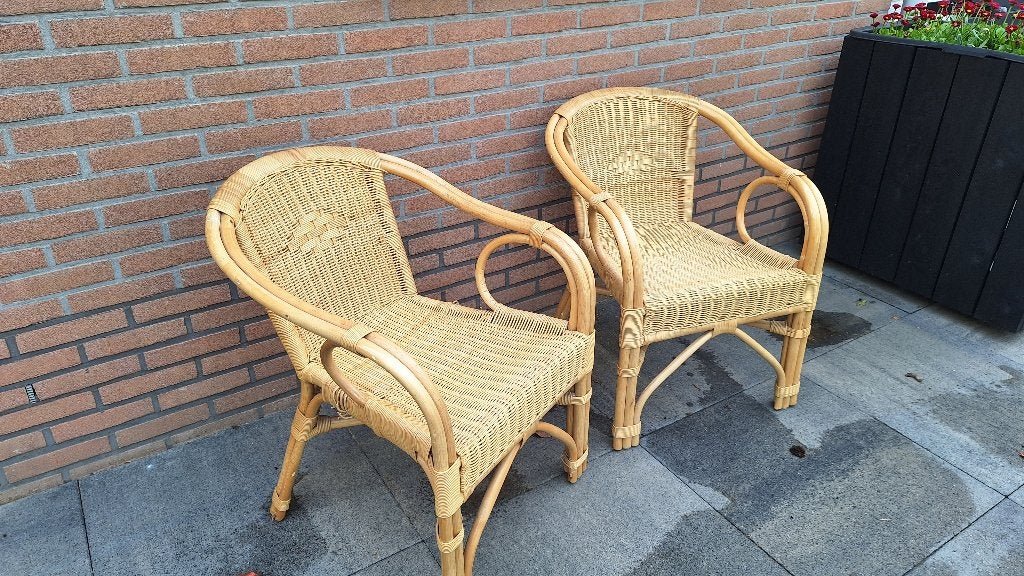2 rotan bistro stoelen, Ophalen, Gebruikt, Twee, Bruin