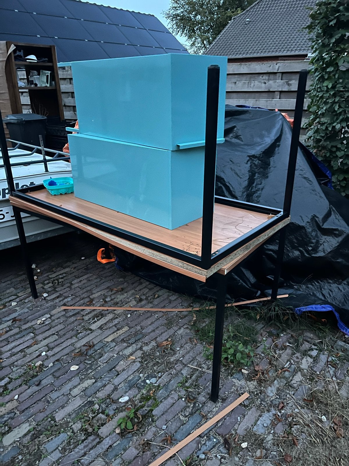 Robuust metalen frame met houten blad, Huis en Inrichting, Ophalen, Gebruikt
