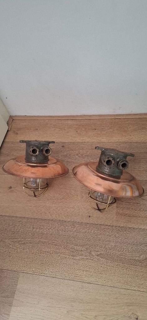 Set van 2 Vintage Koperen Scheepslampen Kooilamp Ex US Army, Ophalen of Verzenden