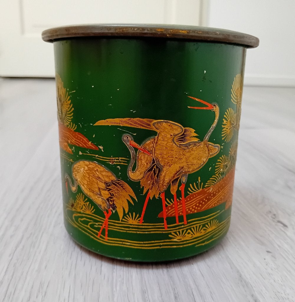 vintage kraanvogels blik groen, Verzenden, Gebruikt, Overige