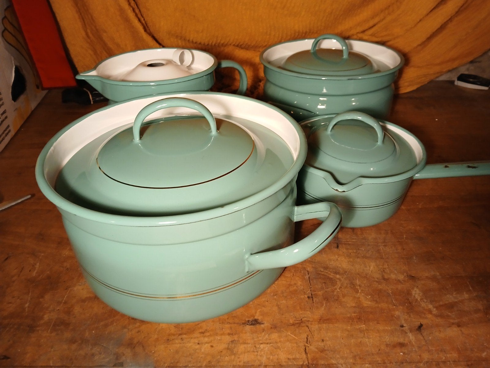 Vintage geëmailleerde pannenset - Groen, Antiek en Kunst, Ophalen