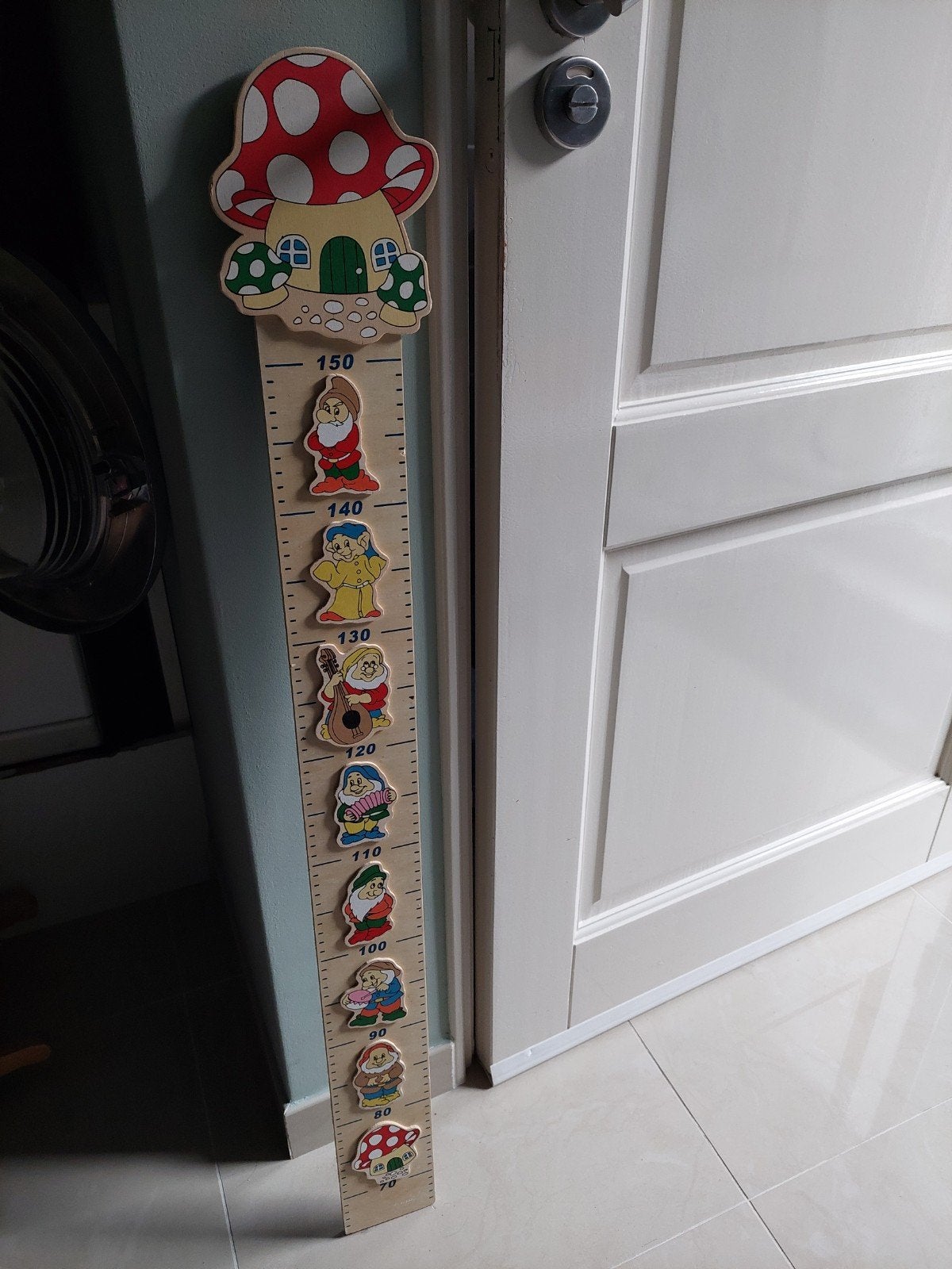 Houten groeimeter met paddenstoel en dwergen, Ophalen of Verzenden, Gebruikt, Overige typen