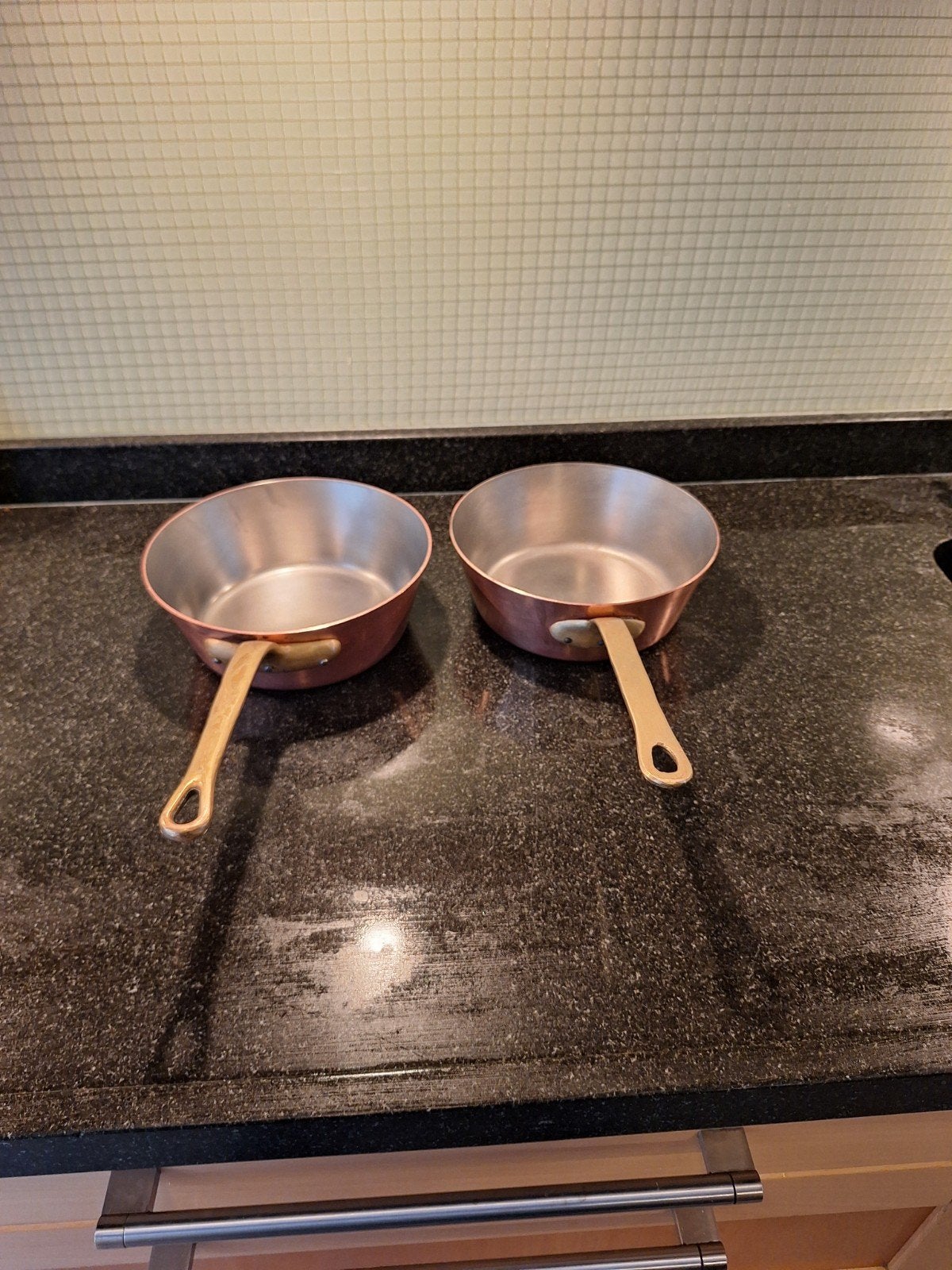 Koperen pannen - Set van 2, Ophalen of Verzenden, Gebruikt, Overige materialen, Koekenpan of Braadpan