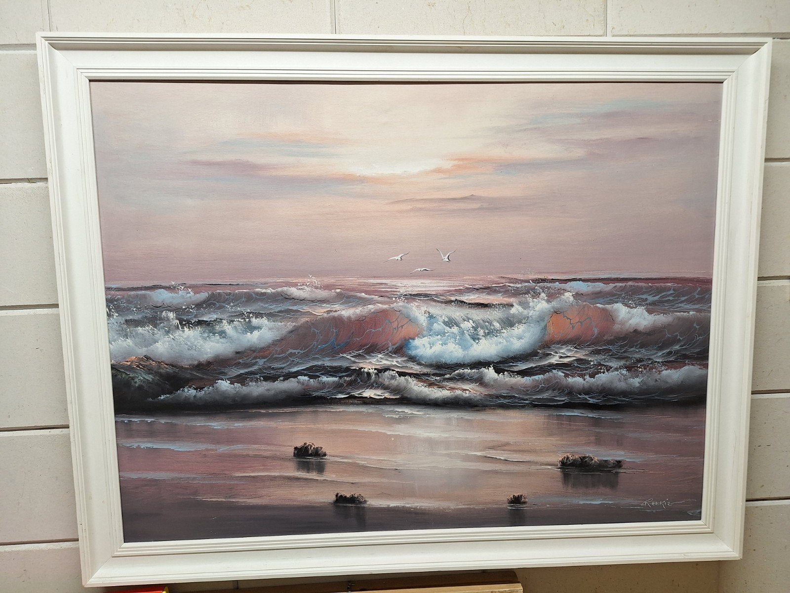 Schilderij: Krachtige golven bij zonsondergang, Antiek en Kunst, Kunst | Schilderijen | Klassiek, Ophalen, Maritiem / water, Doek