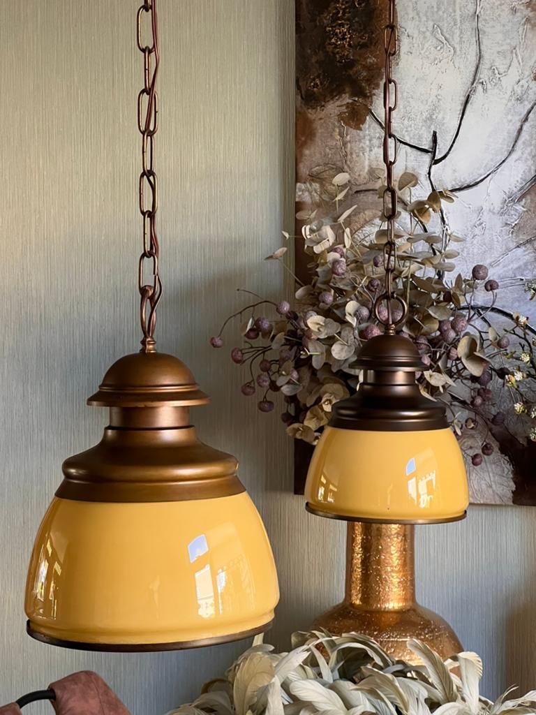JAREN 60-70 - VINTAGE HANGLAMPEN-GLAS-METAAL-VERSTELBAAR, Ophalen, Zo goed als nieuw, Glas