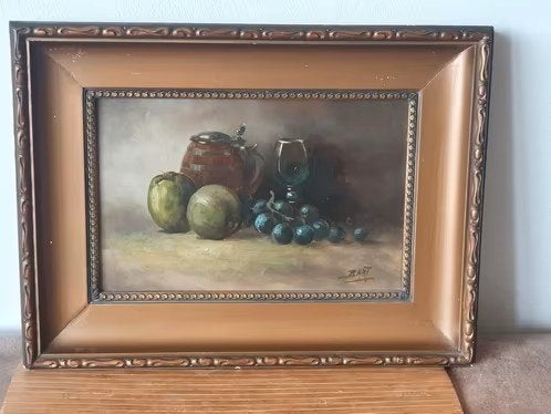 Stilleven op hout appels bierkruikje wijnglas druiven Raat, Ophalen