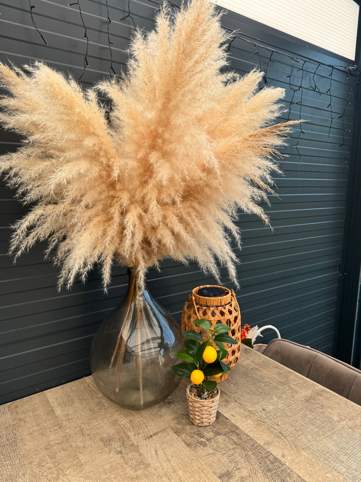Grote ronde vaas met pampas pluimen, Ophalen, Gebruikt, Transparant, Glas