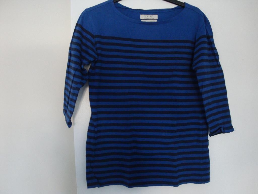 Donker blauw shirt met zwarte Bretonse strepen. Maat S., Blauw, Ophalen of Verzenden, Zo goed als nieuw, Lange mouw