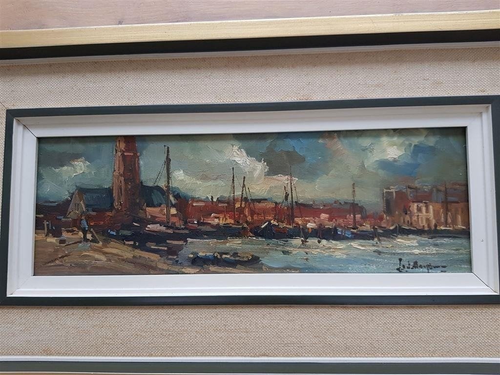 Olieverf, havengezicht, gesigneerd J. v.d. Heijden, Ophalen of Verzenden