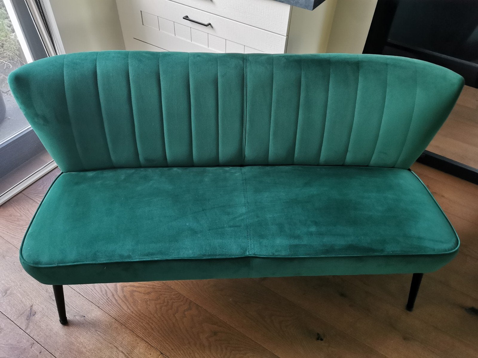 Eetkamerbank donkergroen fluweel, Ophalen, Driepersoons, Zo goed als nieuw, Minder dan 150 cm