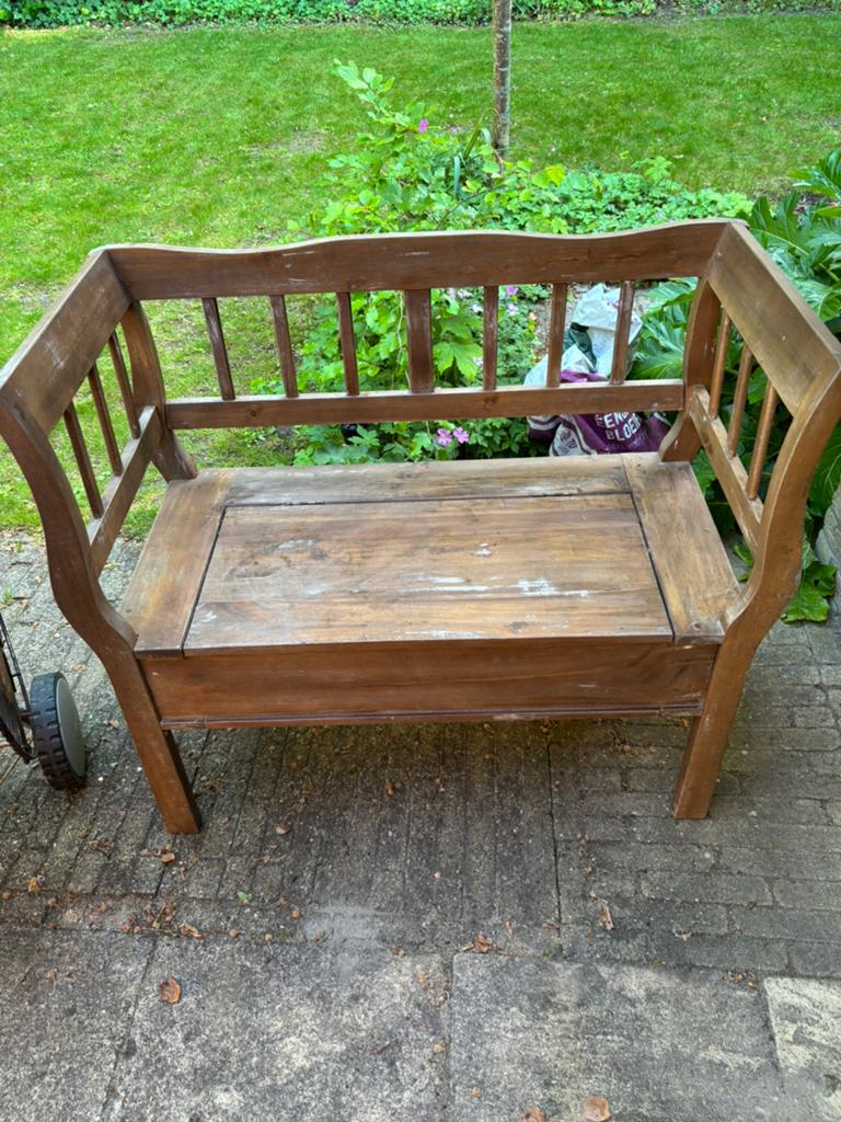 Teak houten bankje met opbergruimte, Tuin en Terras, Ophalen of Verzenden, Gebruikt, Teakhout