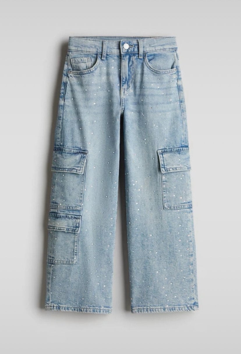 H&M Loose Fit Wide Leg Cargo Jeans met shimmers 170 (14jr+), Ophalen of Verzenden, Nieuw, Meisje, Broek