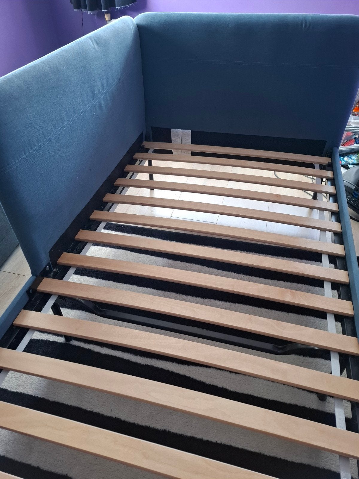 Blauw eenpersoonsbed 90x200 met lattenbodem, Ophalen, Gebruikt, 90 cm, Eenpersoons