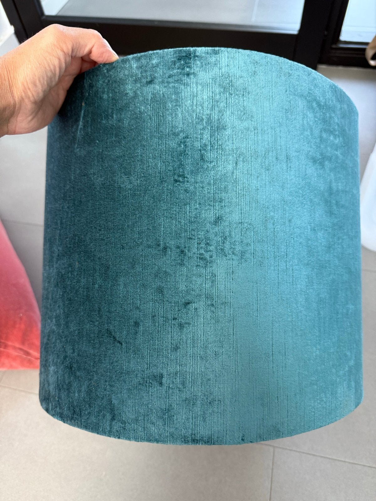 Turquoise fluwelen lampenkap (kapot), Ophalen, Gebruikt, Rond, Textiel