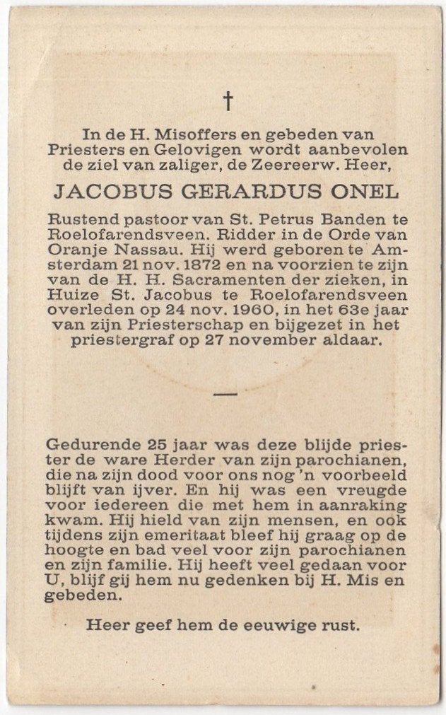 pastoor Jacobus Onel 1872 Amsterdam + 1960 Roelofarendsveen, Verzamelen, Ophalen of Verzenden