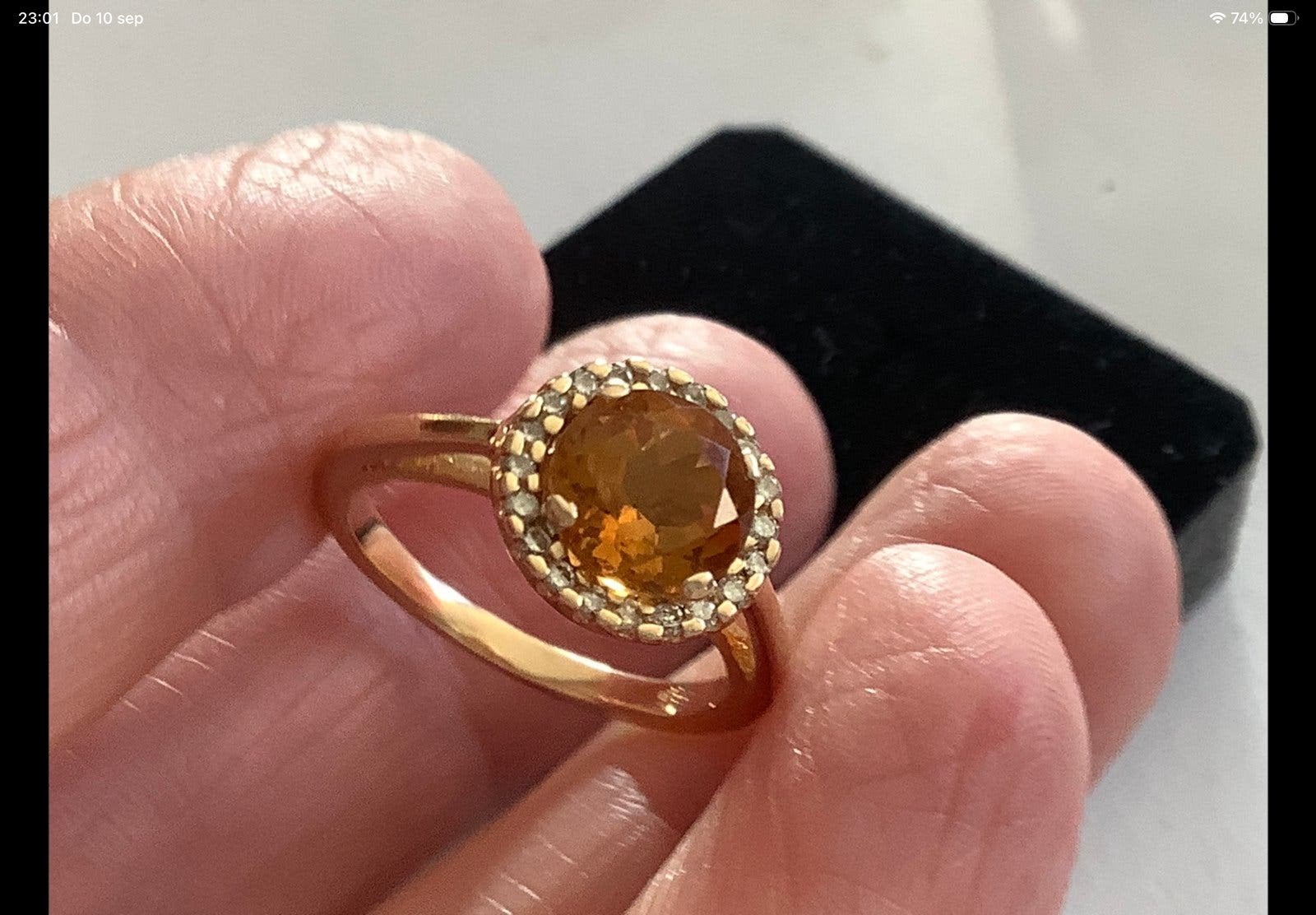 Vintage gouden ring Citrien entourage 21 Briljanten 14 kar, Verzenden, Met edelsteen, Dame, Goud