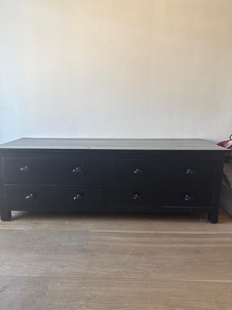 Zwart salontafel/tv-meubel met lades, Gebruikt, 100 tot 150 cm, Ophalen of Verzenden, Minder dan 100 cm