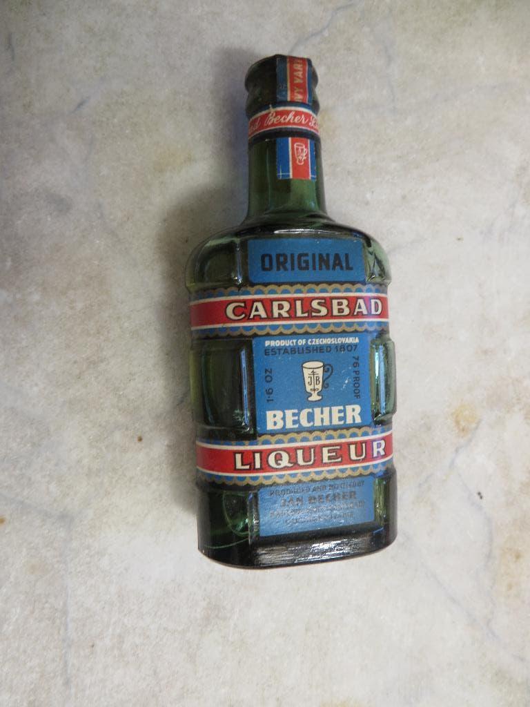 Carlsbad Jan Becher likeur, oud groen flesje, reclame, Ophalen of Verzenden, Gebruikt, Overige typen