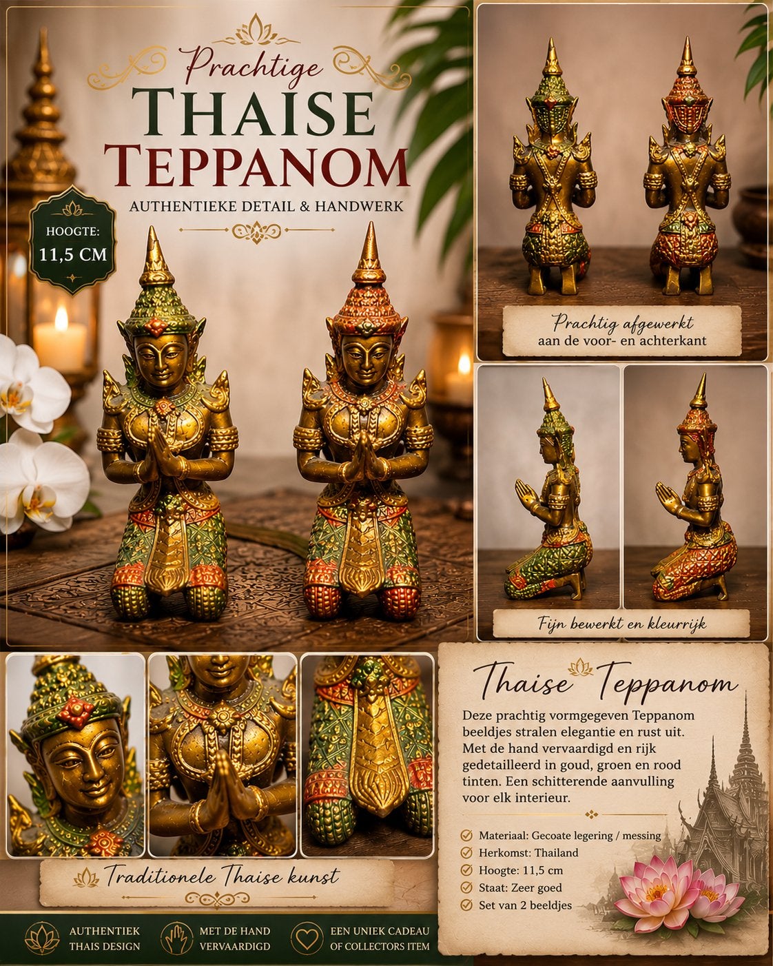 Thaise Teppanom Beeldjes - Tempelwachters in Añjali Mudrā, Antiek en Kunst, Minder dan 20 cm, Ophalen of Verzenden, Brons, Beeld