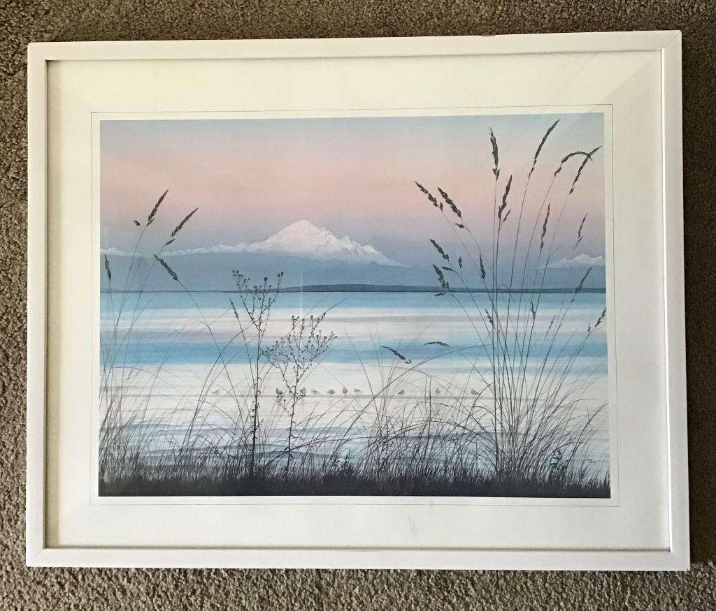 Prent landschap in pastel tinten in witte lijst, Huis en Inrichting, Woonaccessoires | Schilderijen, Tekeningen en Foto's, Ophalen
