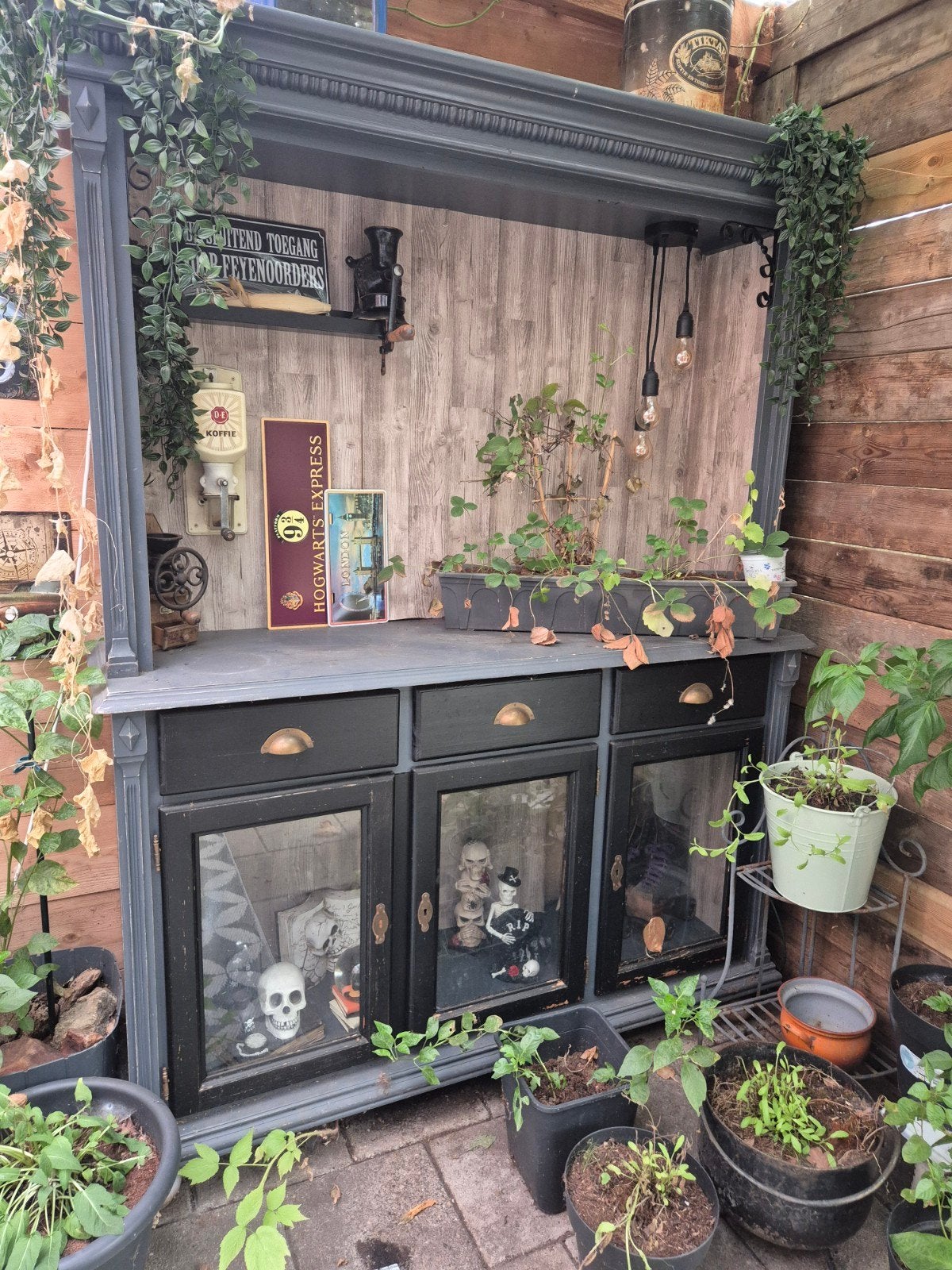 Unieke vintage buffetkast/dressoir - Zwart met glas, Antiek en Kunst, Ophalen