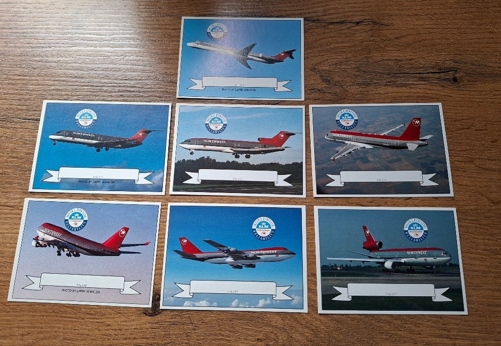 Set van 7 KLM Northwest Airlines vliegtuigkaarten, Ophalen of Verzenden, Zo goed als nieuw, Kaart, Foto of Prent