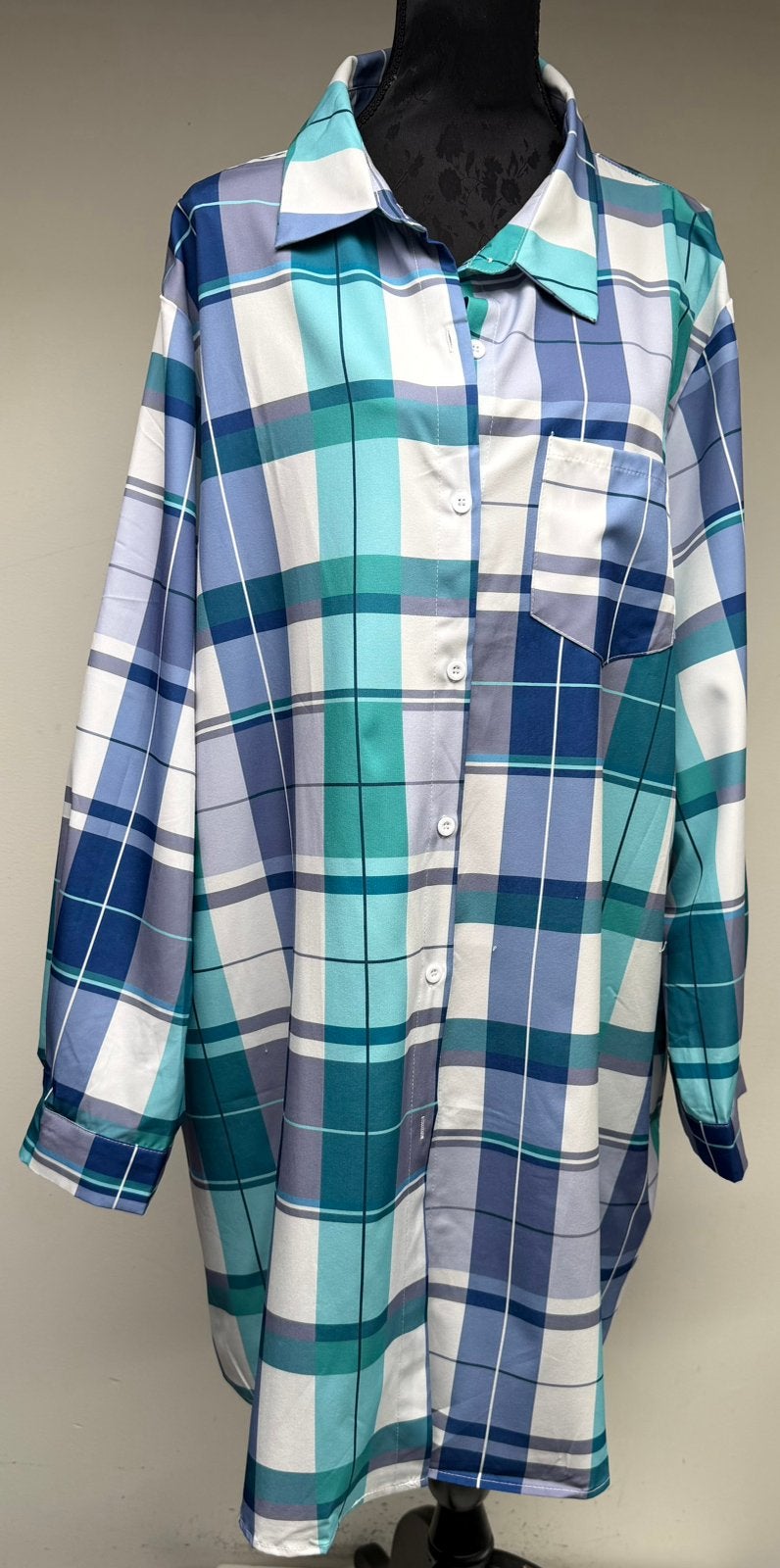 Superleuke wit/blauw geblokte blouse  5xl 52/54, Kleding | Dames, Grote Maten, Verzenden, Nieuw, Blauw, Blouse of Tuniek
