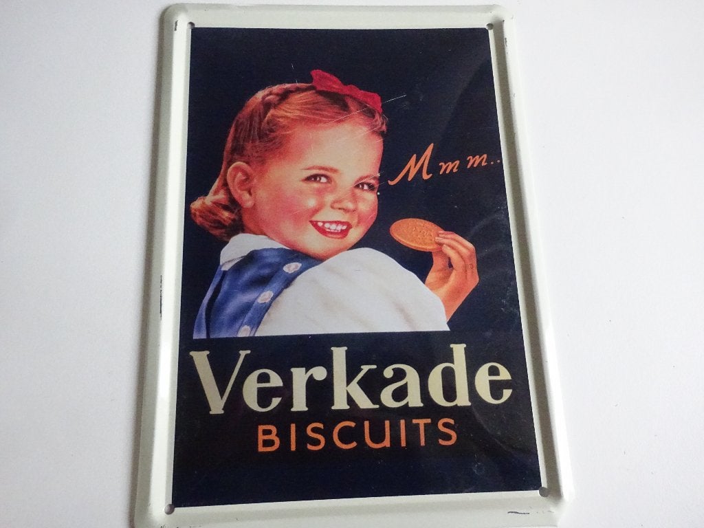 IJZEREN RECLAMEPLAAT VERKADE BISCUITS, Verzamelen, Blikken, Ophalen of Verzenden, Gebruikt, Koek(jes), Verkade