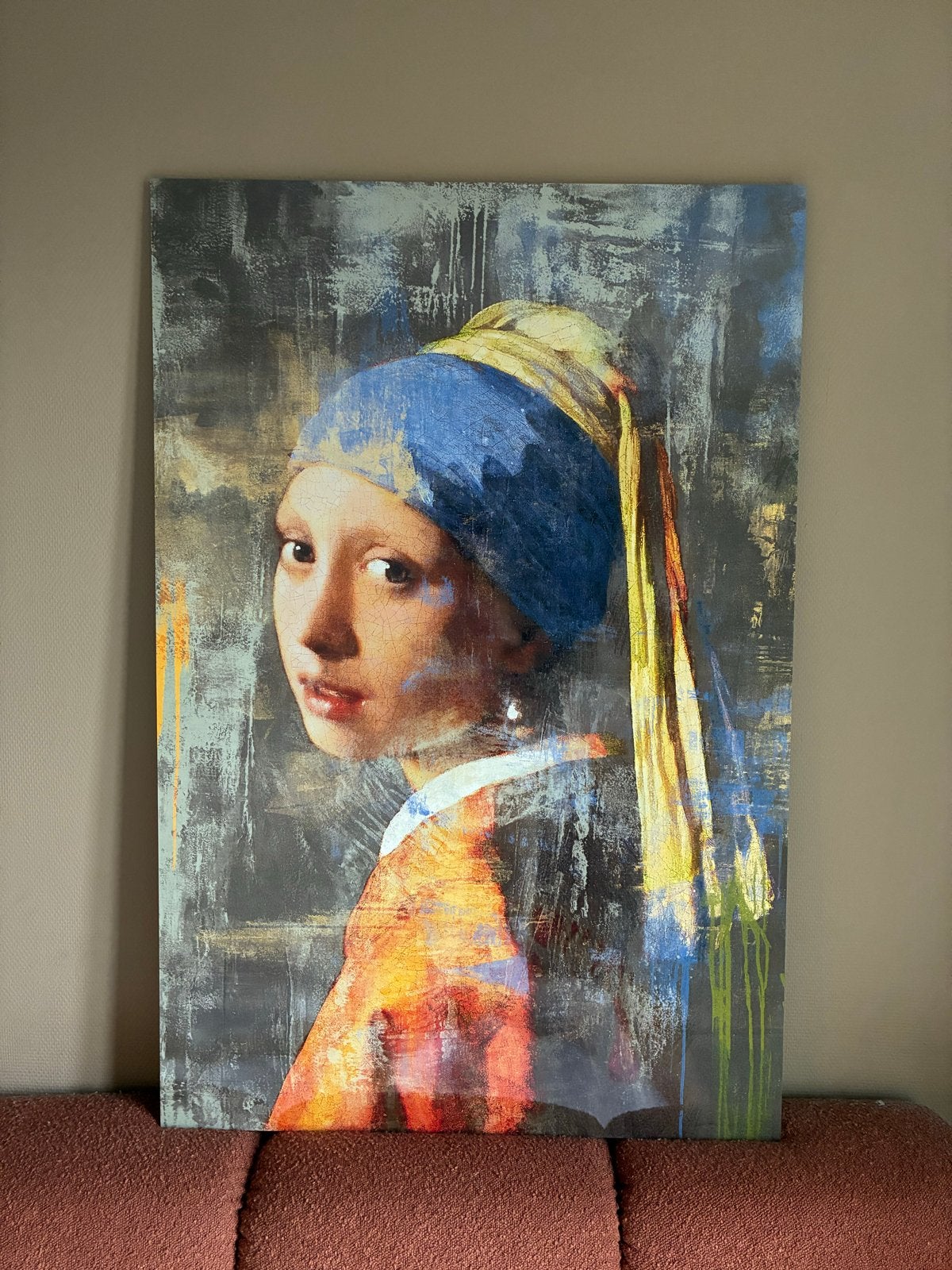 Modern kunstwerk 'Meisje met de parel' op aluminium, Antiek en Kunst, Ophalen, Portret of Personen, Print, Ingelijst