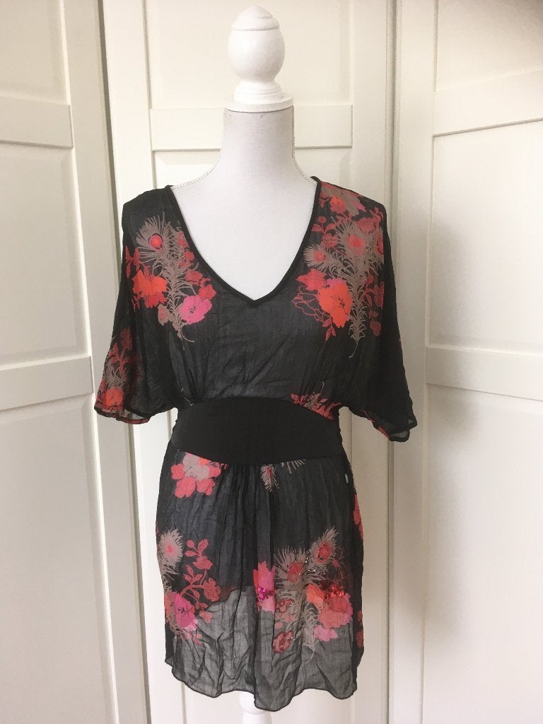 Dept zwarte chiffon floral print tuniek top, maat XS, Zwart, Ophalen of Verzenden, Maat 34 (XS) of kleiner, Gedragen