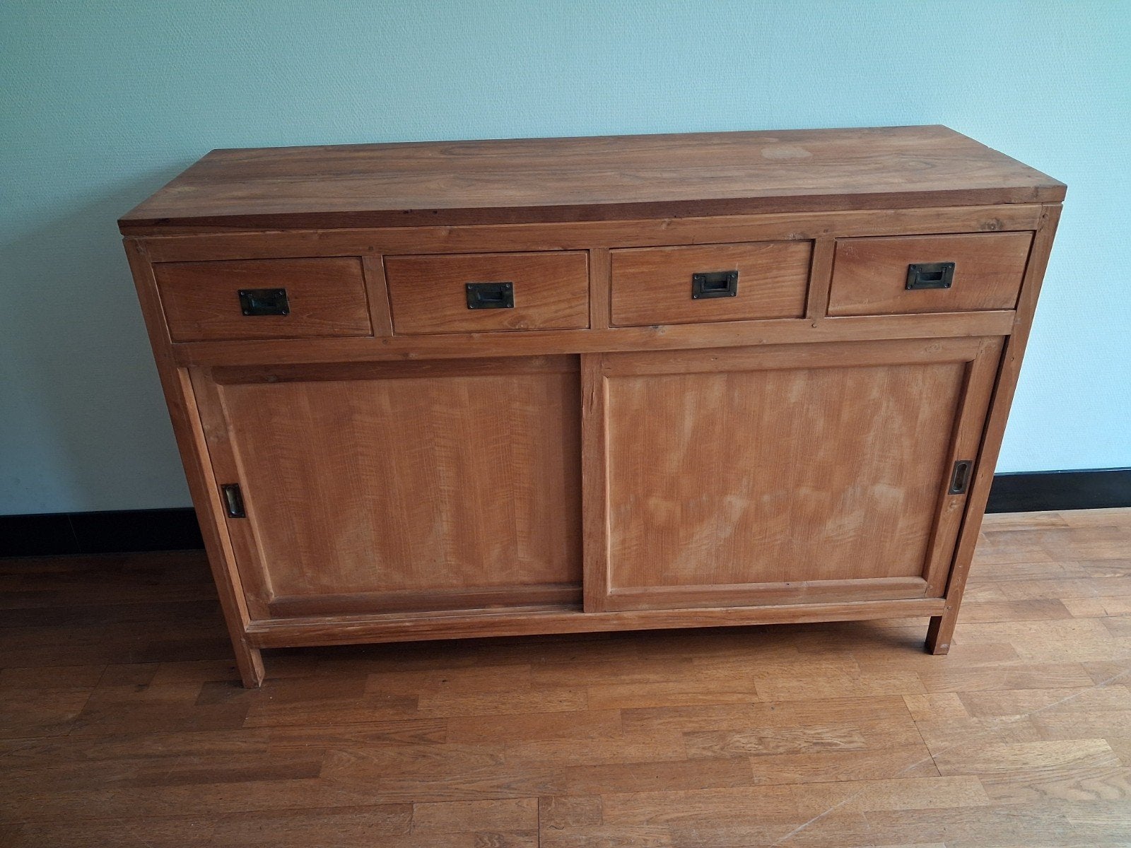 Teakhouten dressoir met schuifdeuren en lades, Ophalen, Modern, Klassiek, Gebruikt, 100 tot 150 cm