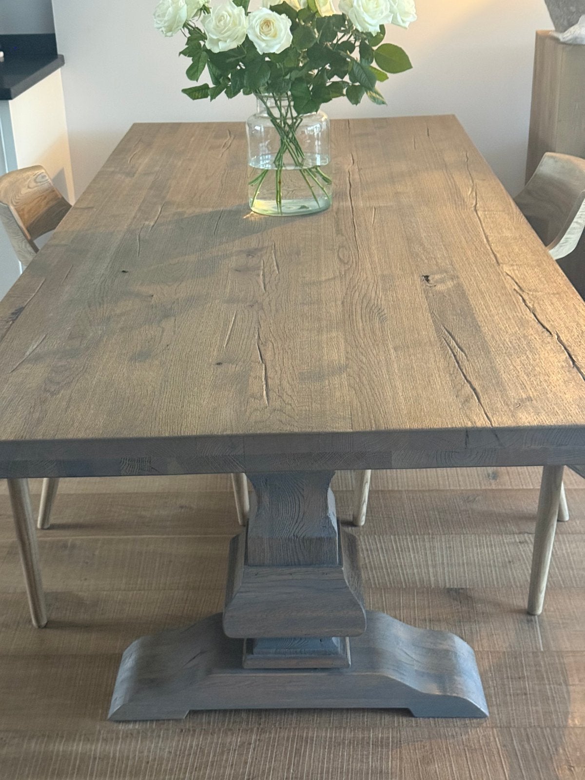 Robuuste eettafel, kloostertafel 2.20 x 1.00, Huis en Inrichting, Ophalen, Eikenhout, 200 cm of meer, 50 tot 100 cm