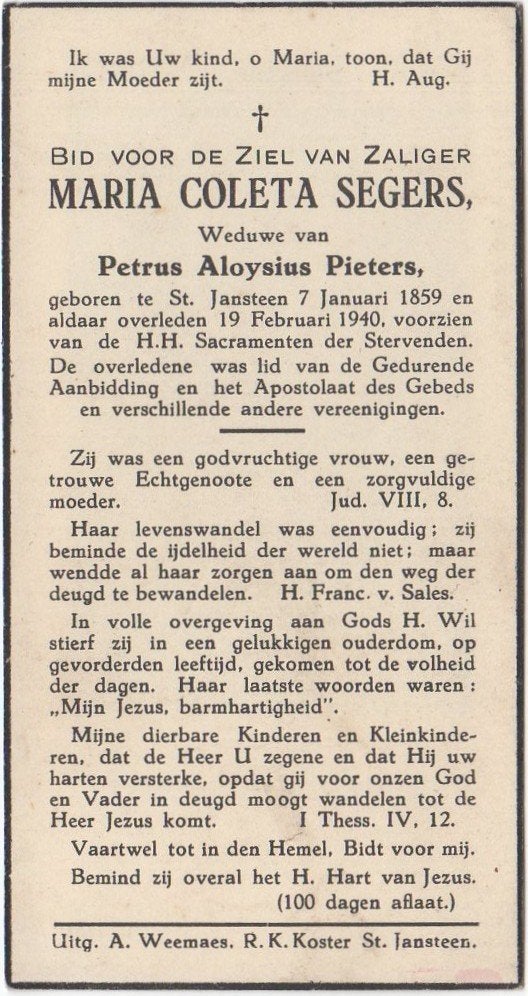 Maria Cornelia Segers 1859 - 1940 St. Jansteen, 81 jaar oud, Verzenden