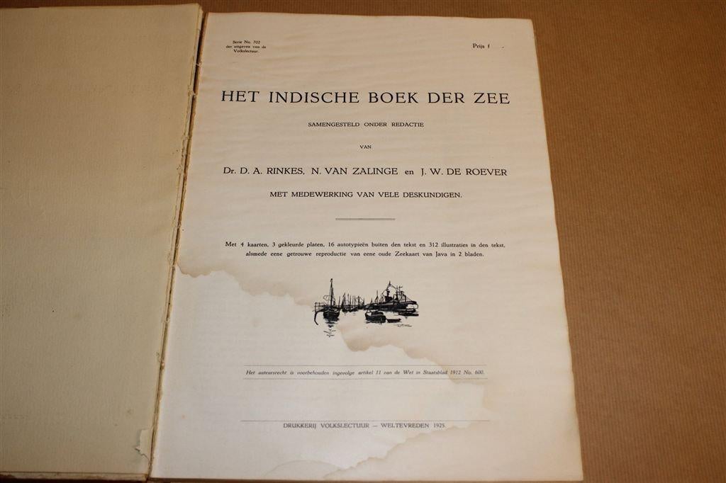 Antiek Indische Boek der Zee [1925] — Met Oude Zeekaart Java, Ophalen of Verzenden