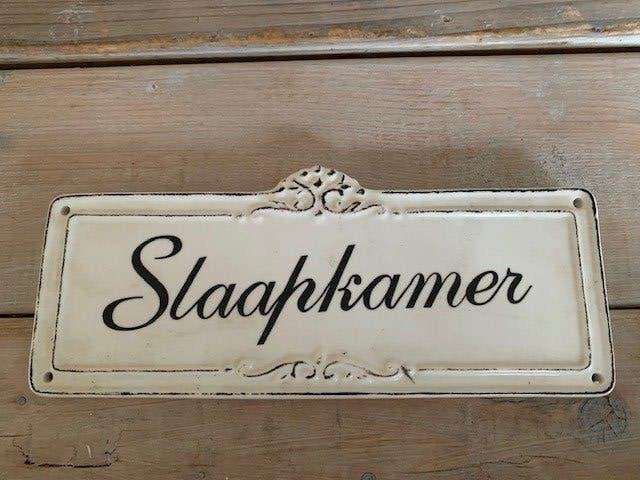 Vintage deurbord naambord Slaapkamer. Zwart wit keramiek., Antiek en Kunst, Ophalen
