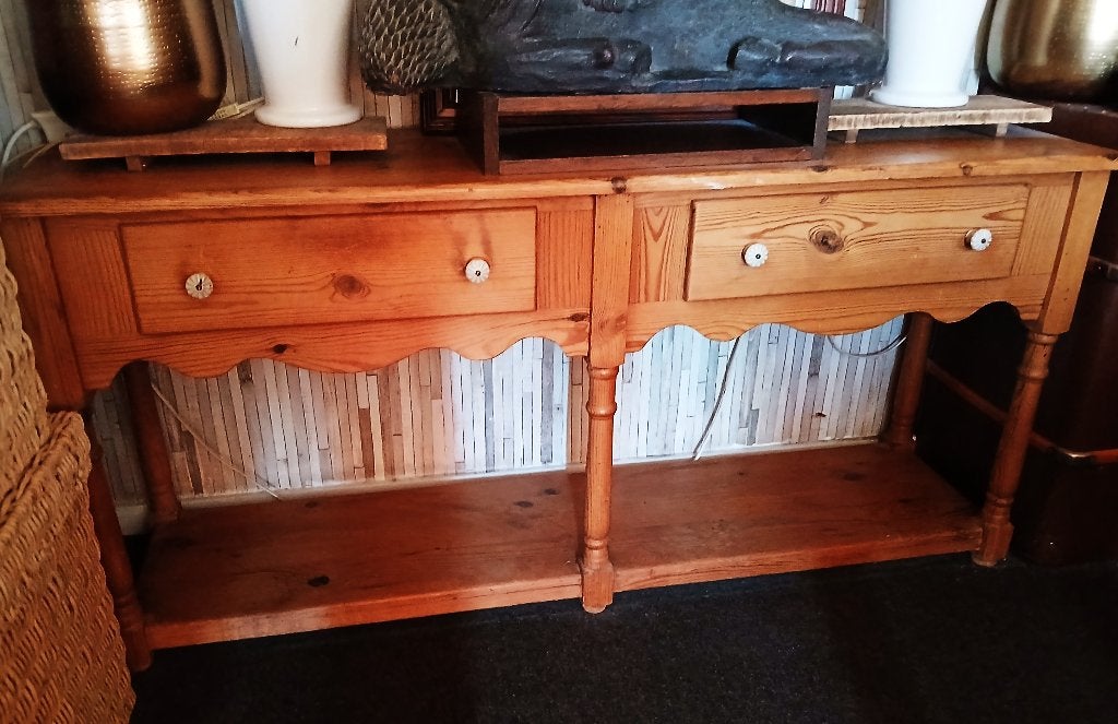 Oude sidetable geloogd grenen 1.50 x 40 cm twee lades, Ophalen, Gebruikt, 100 tot 150 cm, Geloogd grenen