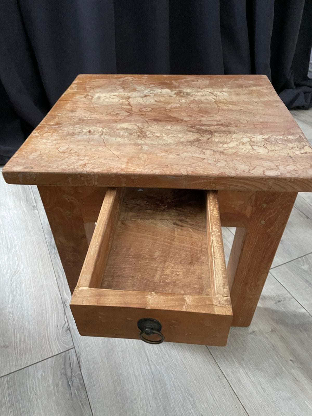 Massief teakhouten bijzettafel met lade 50x50, Ophalen, Minder dan 45 cm, Minder dan 55 cm, Gebruikt