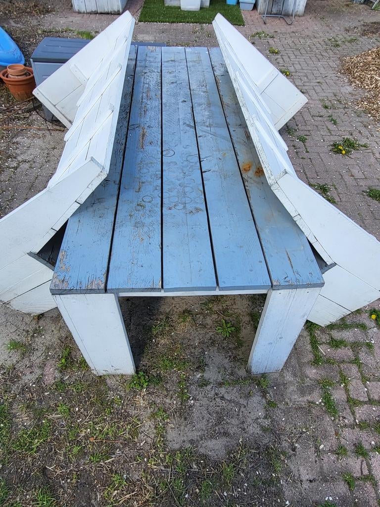 Steigerhouten driedelige set, 2 banken, 1 tafel, Ophalen of Verzenden, Gebruikt, Rechthoekig, Hout