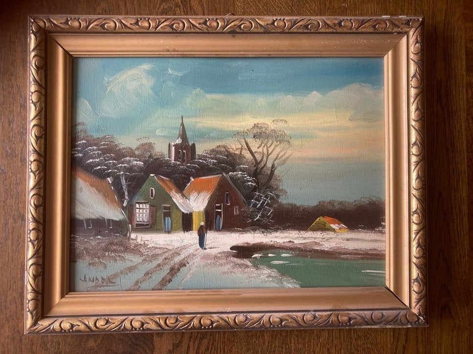 Schilderij met dorpsgezicht, gesigneerd Lander', Ophalen, Paneel, Realistisch, Gesigneerd