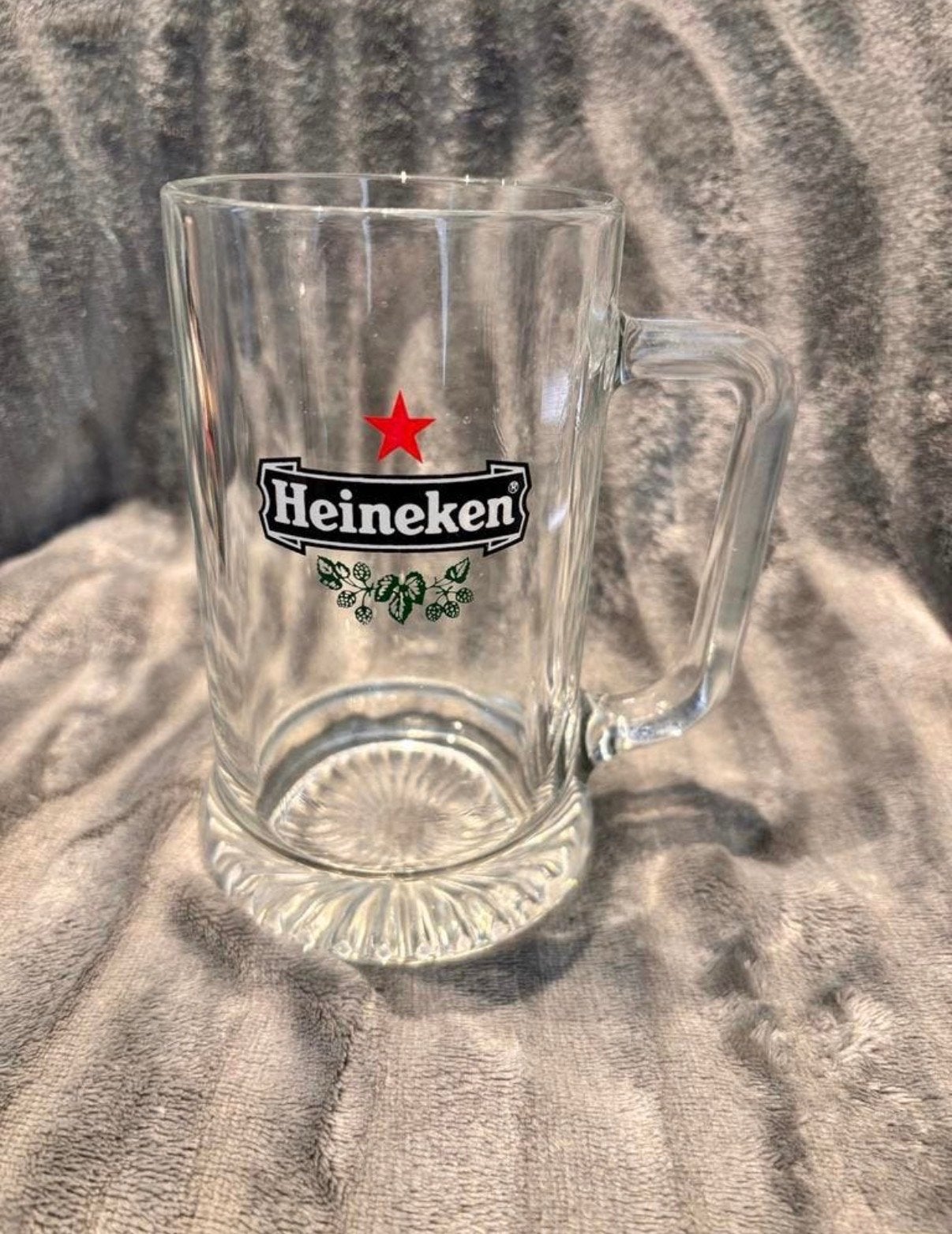 Heineken bierpul - Vintage glazen bierpul met handvat, Verzamelen, Biermerken, Ophalen of Verzenden, Zo goed als nieuw, Pul(len)