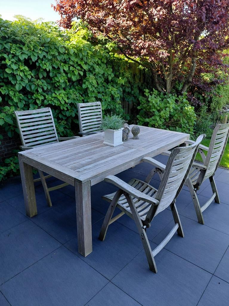 4 teakhouten tuinstoelen met kussens, Ophalen, Gebruikt, Teakhout