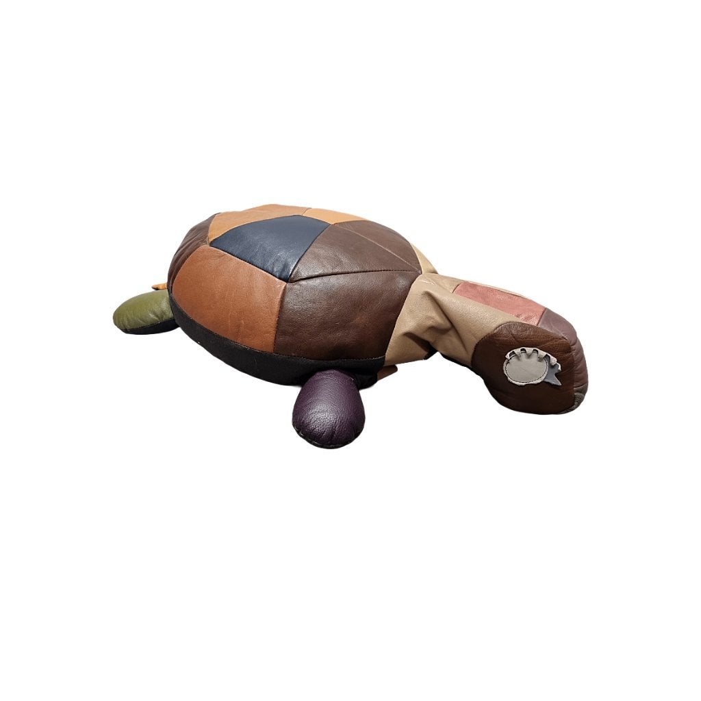 Vintage leren patchwork schildpad poef, Minder dan 50 cm, Gebruikt, Leer, Vintage