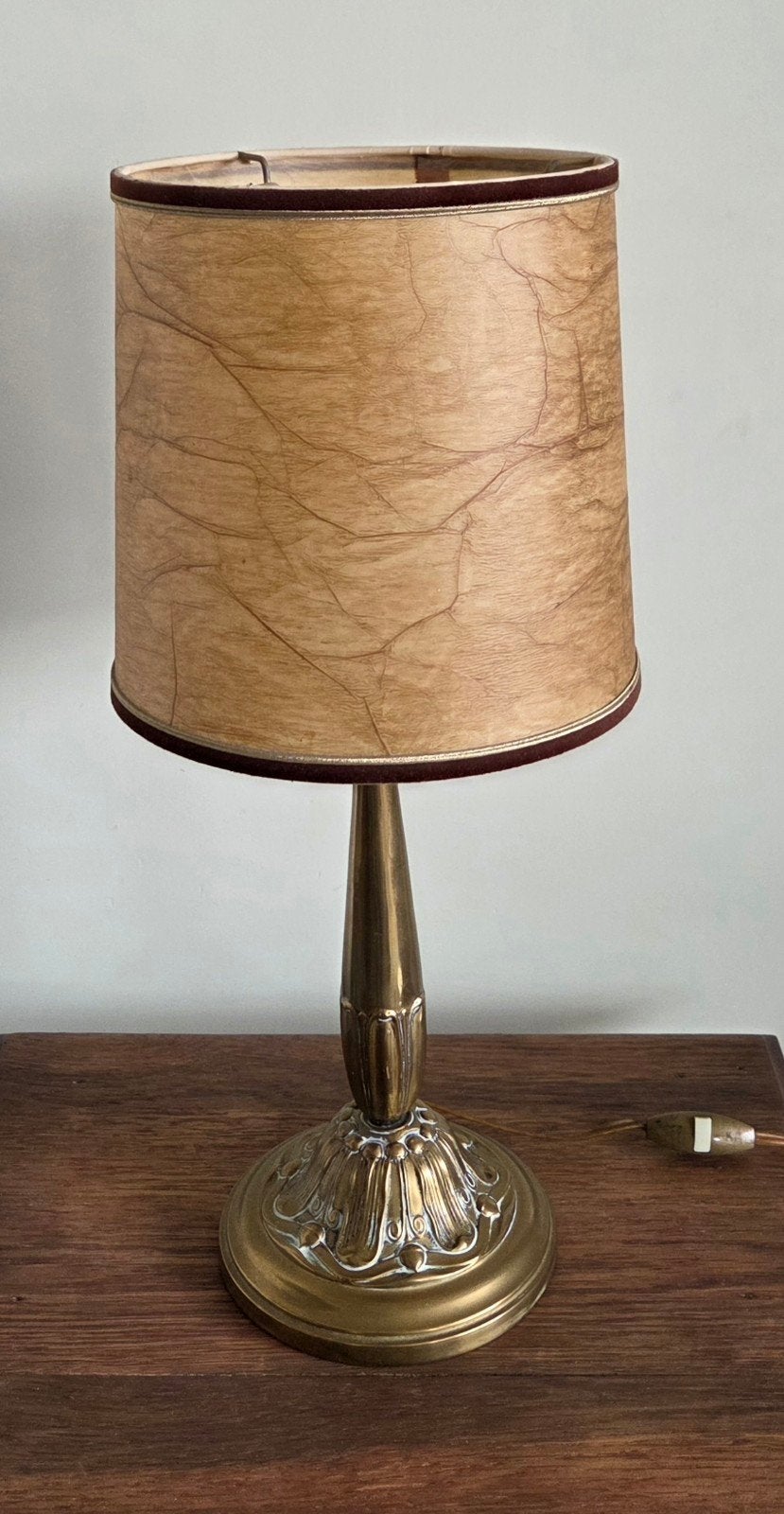 Vintage tafellamp – Messing met varkensblaas kap, Ophalen