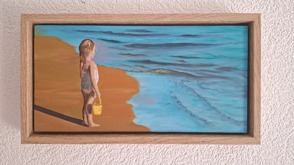 Zeegezicht meisje aan de kust olieverf 15x30cms, Ophalen, Paneel, Portret of Personen, Realistisch