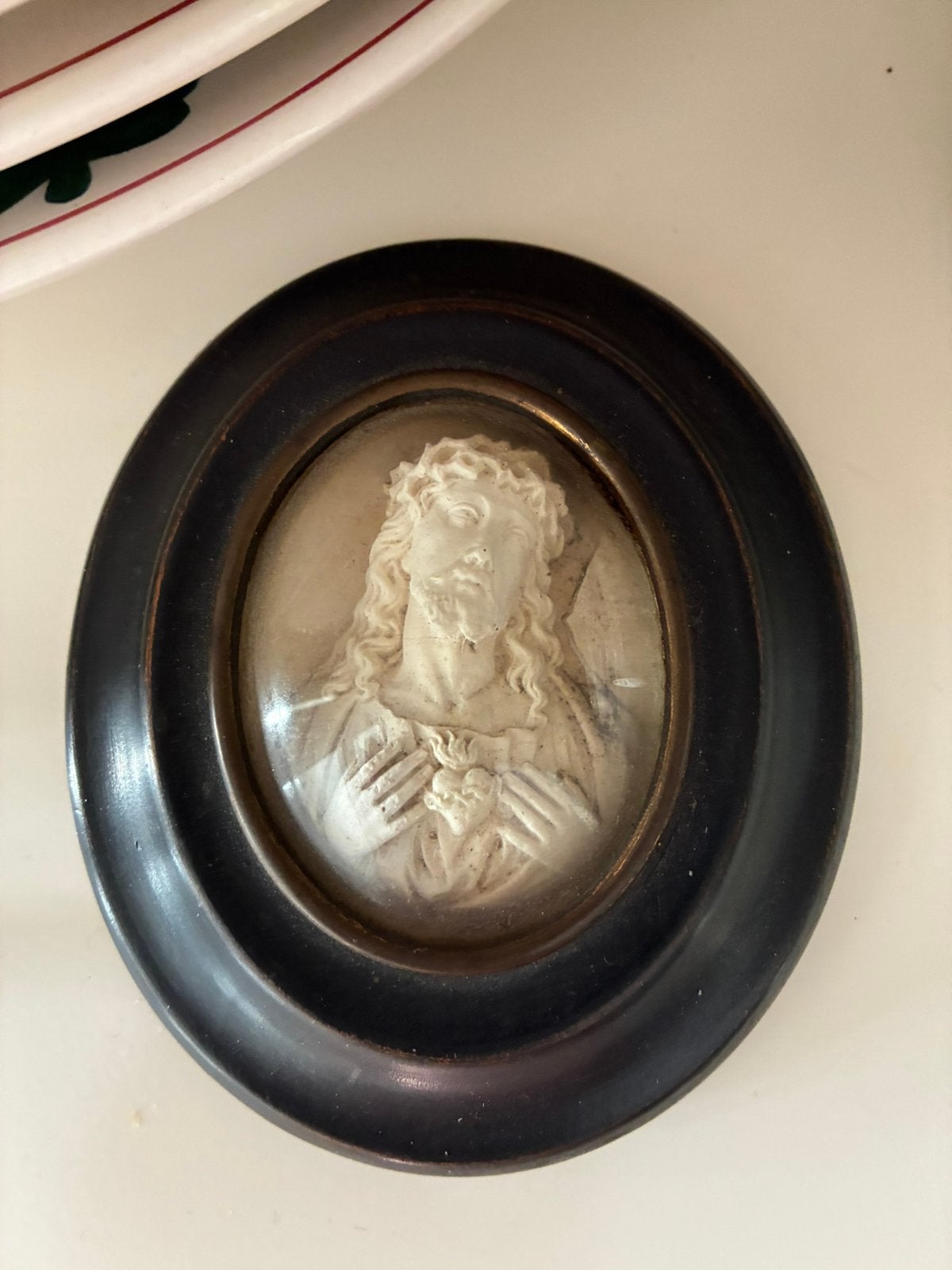 2 medaillons van pijpaarde 19e eeuw. Jezus en Maria, Antiek en Kunst, Ophalen of Verzenden